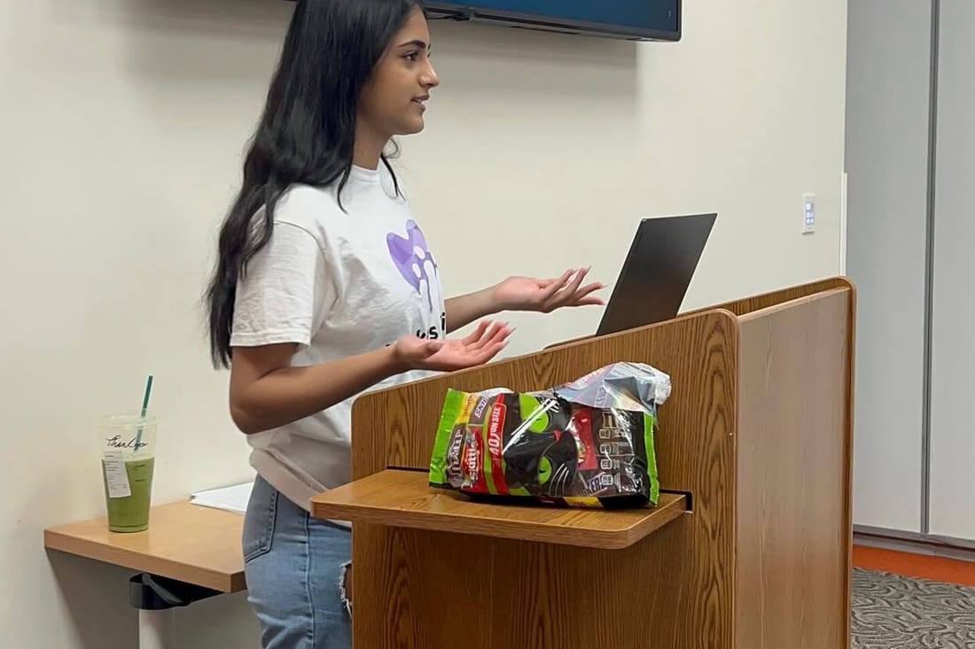 Elina, in an It Takes A Village T-shirt, presenting from a podium
